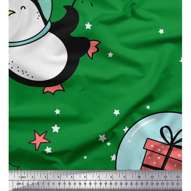 Soimoi Green Poly Georgette Fabric Snowman & Penguin Cartoon Printed Craft Fabric by the Yard 42 Inch Wide