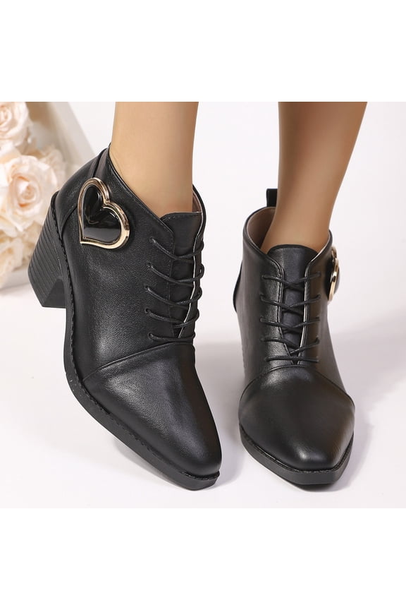 Women's Winter Ankle Boots Solid Color Pointed Toe Retro Lace-Up Heart Decor Chunky Heel Casual Professional Vintage Style