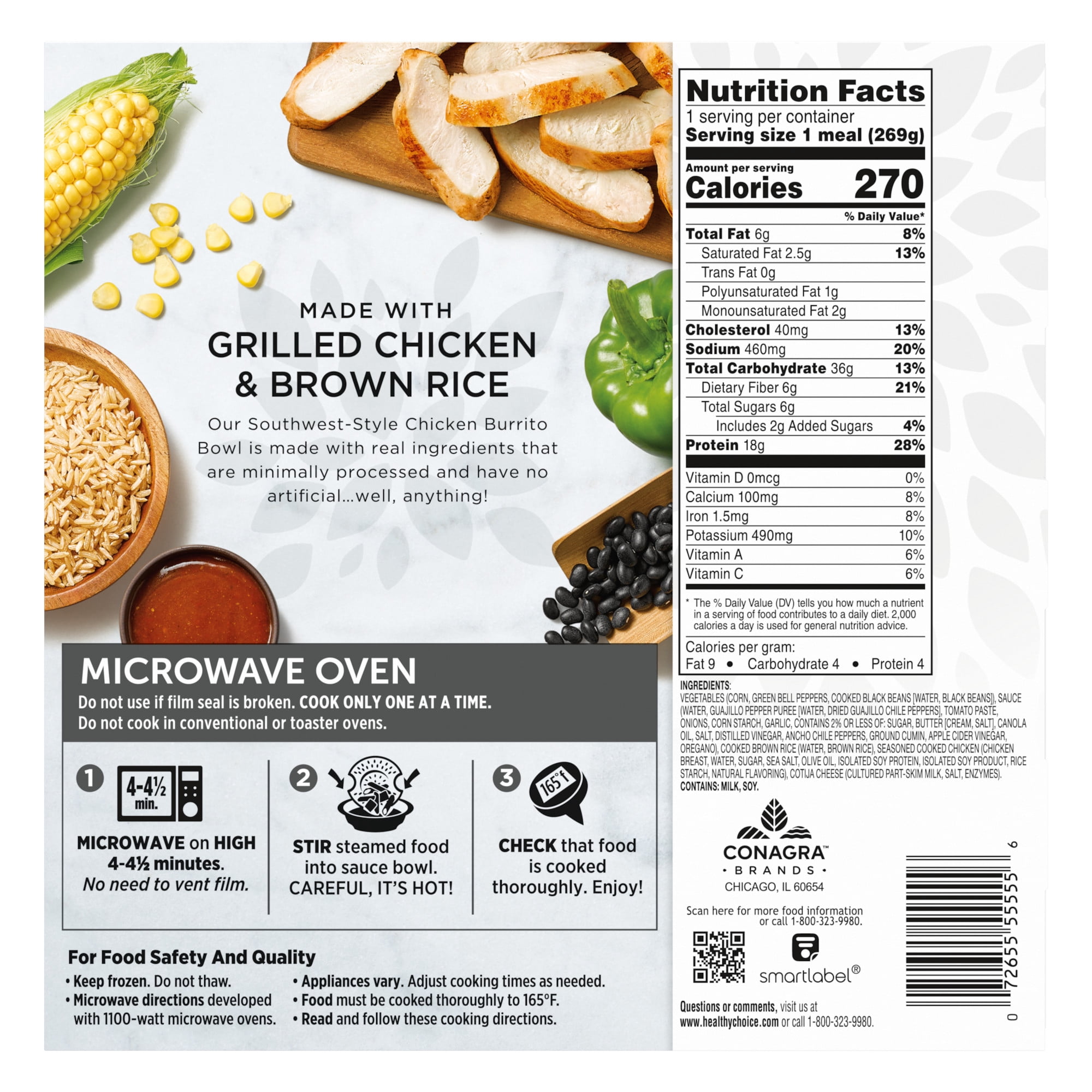 Healthy Choice Simply Steamers Southwest Chicken Burrito Bowl, 20g Protein, High Protein & Fiber Frozen Meal, 9.5 oz. Bowl