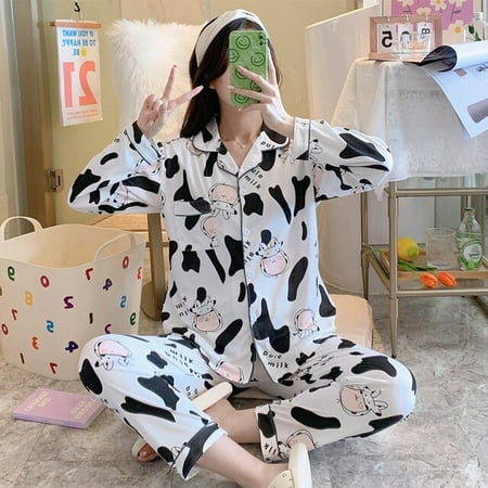 

CoCopeaunt Autumn New Style Pajamas Womens Long-sleeved Trousers Two-piece Loose Casual Home Wear Womens Cotton Pajamas Sleep Tops