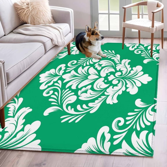 Green Boho Area Rugs 3'x5', Washable Small Throw Rugs for Living Room Bedroom, Vintage Classic Bohemia Flower Textured Indoor Outdoor Rug Non-Slip Low Pile Carpet Runner Reversible Floor Mats