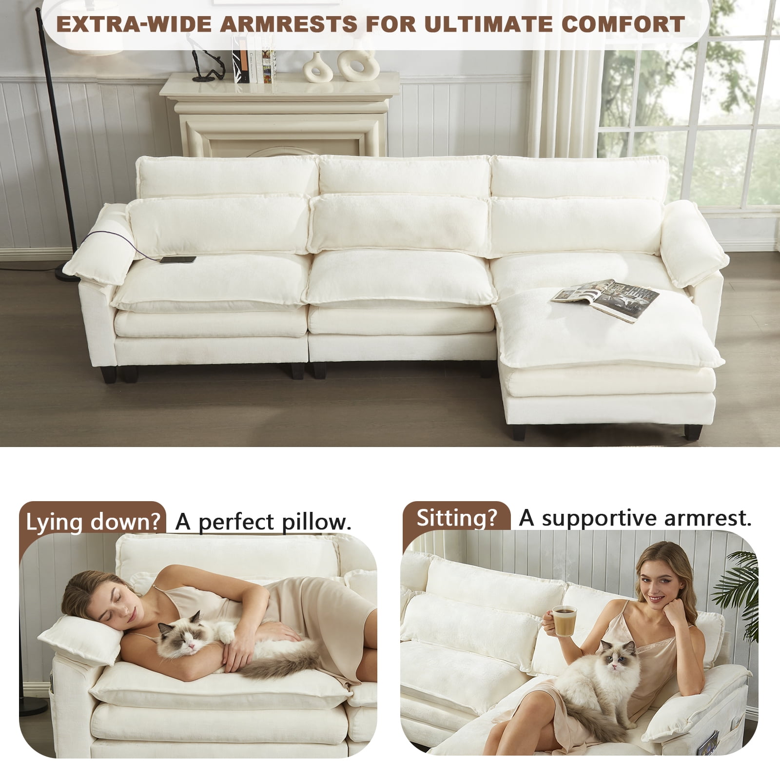 Aisword 113" Modular Sectional Sofa,L Shaped Modern Cloud Couch with Ottoman,3-Seat Chenille Deep Seat Sofa,USB Port,Beige