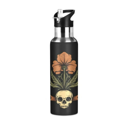 

ALAZA Flowers on Skull Water Bottle Insulated Flask Stainless Steel Straw Lid 20 oz