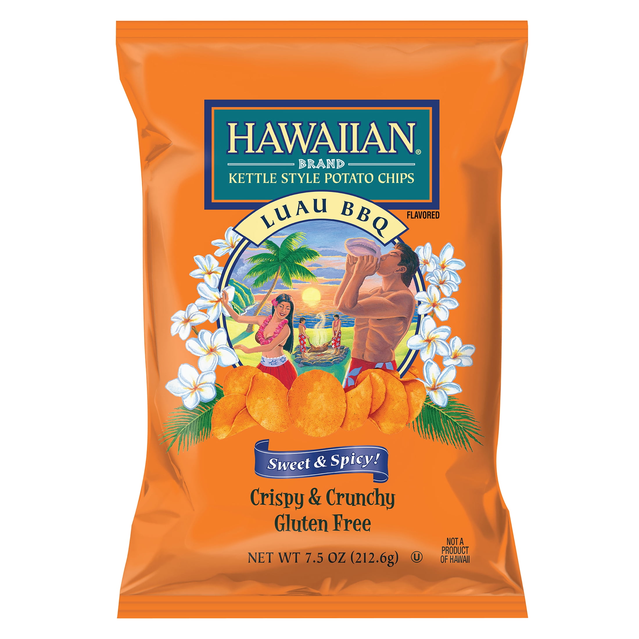 (4 pack) Hawaiian Brand Luau BBQ Kettle Style Potato Chips, Gluten-Free, 7.5 oz Bag