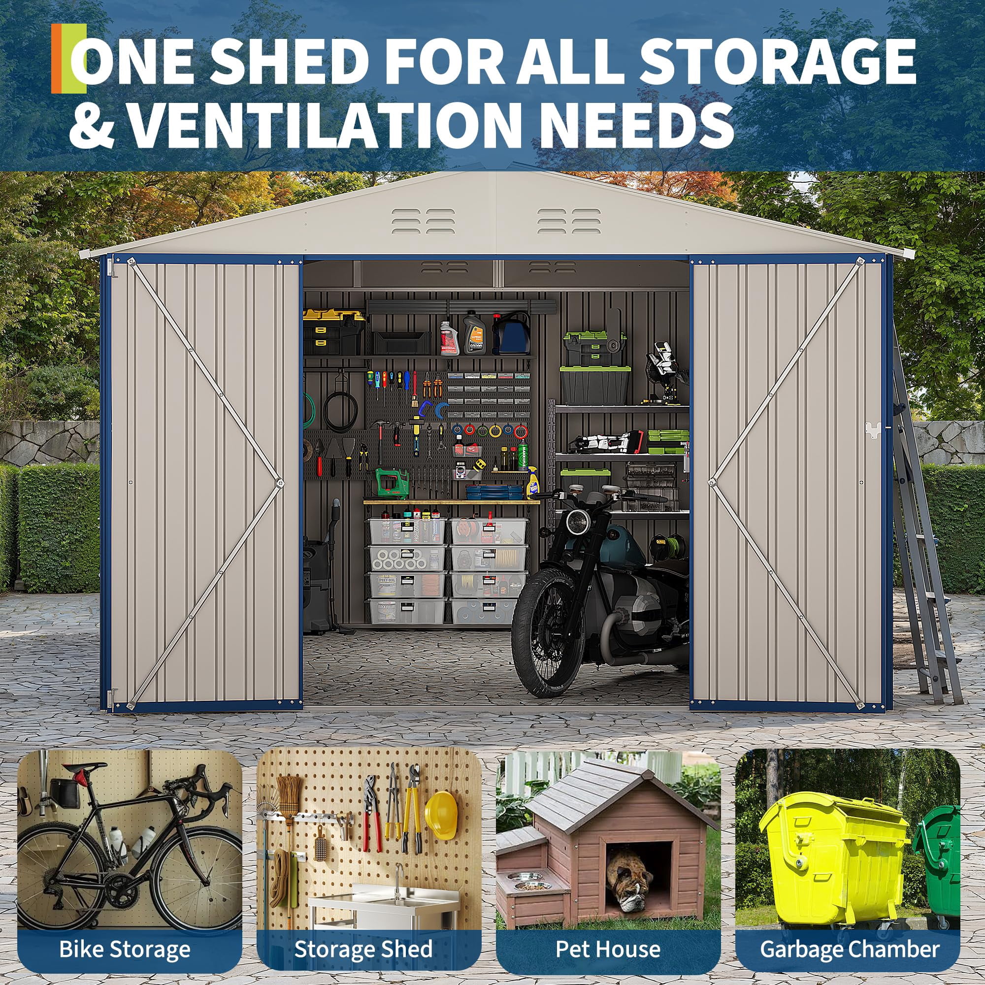 10X12 FT Storage Shed，Lockable Gable Roof Garden Shed with Grid Window, All-Weather Resistant Storage Unit for Bikes, Ladders, Patio Supplies & Garden Essentials
