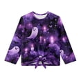 thumbnail image 5 of Xixirimido Halloween Ghosts Bats Purple Pattern Girls Casual Tunic Tops Tie-hem Long Sleeve Loose Soft Blouse T-Shirt Cute Graphic Girls Shirts, Size 5-6, 5 of 7