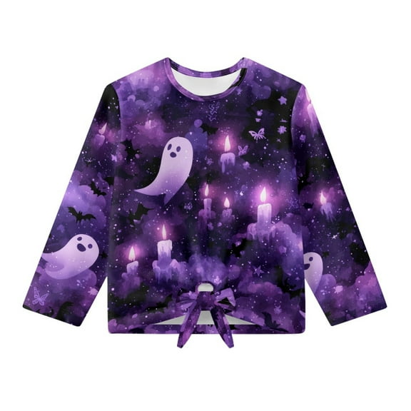 Xoenoiee Ghost Candle Bat Butterfly Print Girl's Long Sleeve Shirts Tie Front Knot Tops Tee Crew Neck T Shirt Pullover Tunic Sweatshirt for Beach Vacation, 5-6 Year
