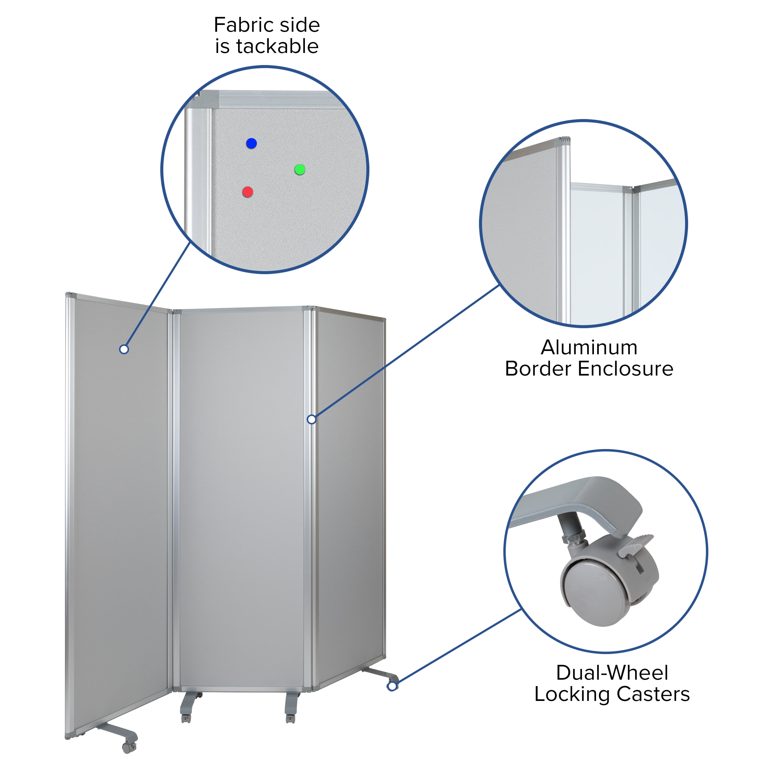 Emma + Oliver Mobile Whiteboard/Cloth 3 Section Partition with Locking Casters, 72"H x 24"W