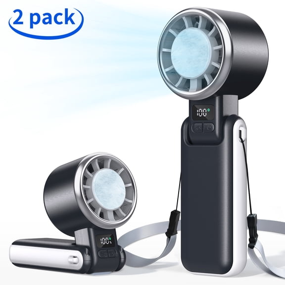Easyriver 2-Pack Portable Handheld Turbo Fan with Ice Cooling, 5 Gear Wind, Up to 12 Working Hours, 3 IN 1 Rechargeable Personal Fan with LED Display for Outdoor Activities, Travel, Beach