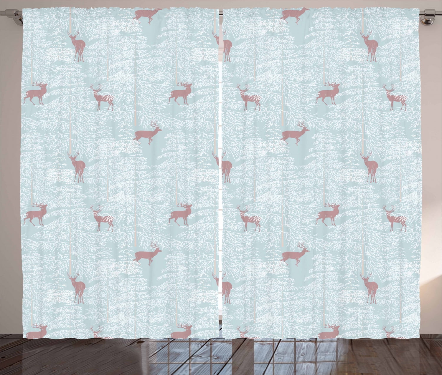 Deer Curtains 2 Panels Set, Winter Forest Background with Reindeer
