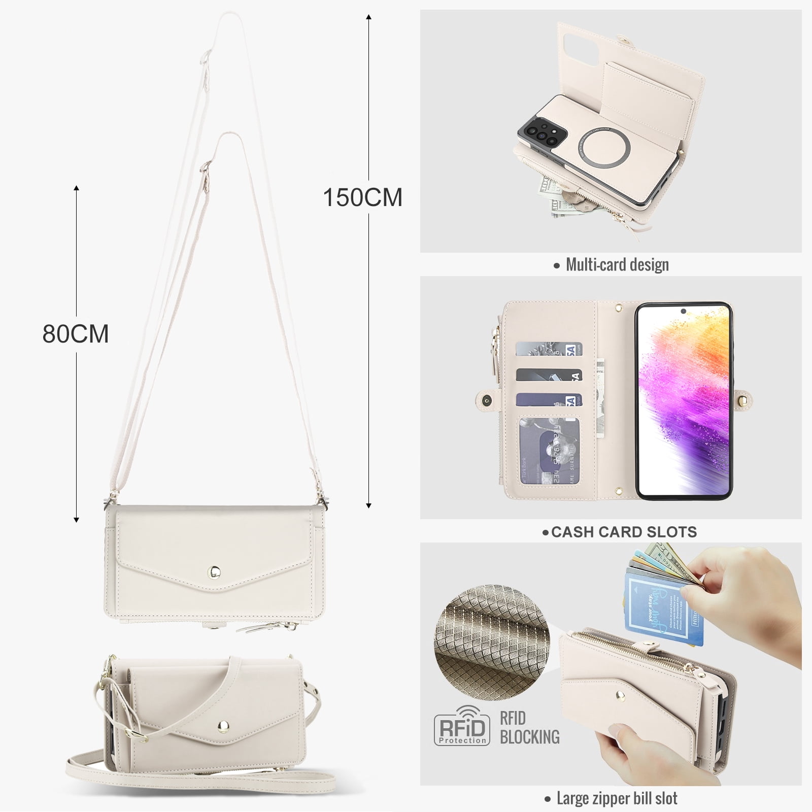 Designed for Samsung Galaxy A14 5G Multi-Function Wallet Phone Case,With Shoulder Strap&Wrist Strap,Cash Pocket&Card Slots,Zipper Purse,Magnetic Detachable PU Leather Flip Phone Case,White
