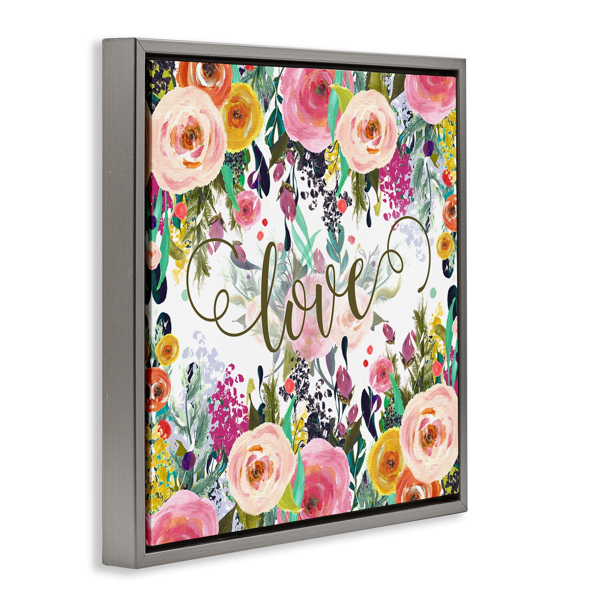 Stupell Industries Elegant Love Floral Pattern Botanical & Floral Painting Gray Floater Framed Canvas Art Print Wall Art, 18 x 18