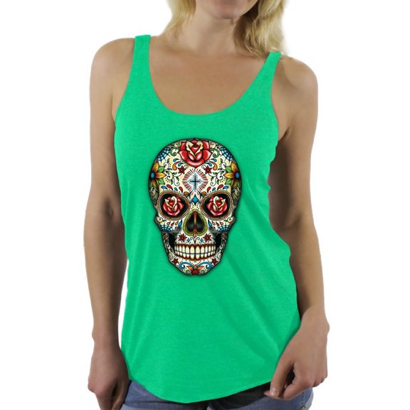 Awkward Styles Women's Sugar Skull Roses Graphic Racerback Tank Tops Floral Skull Day of Dead