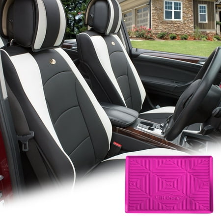 FH Group Black White PU Leather Front Bucket Seat Cushion Covers for Auto Car SUV Truck Van with Hot Pink Dash Mat
