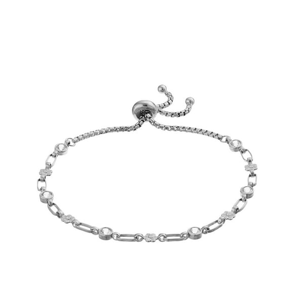 Kristen Kesho Sterilng Silver White Cubic Zirconia Bolo Flower Bracelet Adjustable Length