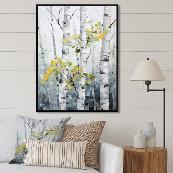 Designart "Enchanting Forest Of Grey And Yellow Birch Trees" Tree Birch Floater Framed Canvas Wall Art
