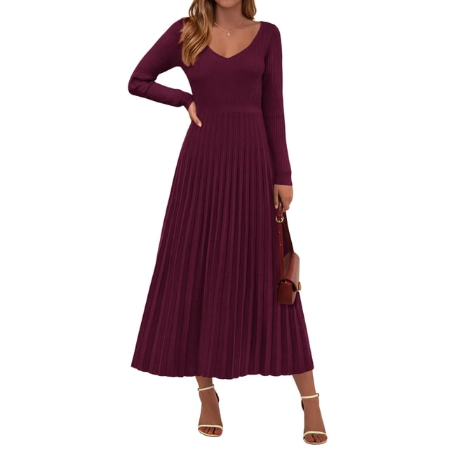 Vestido Largo de Mujer PRETTYGARDEN Burdeos de Punto Acanalado Talla L