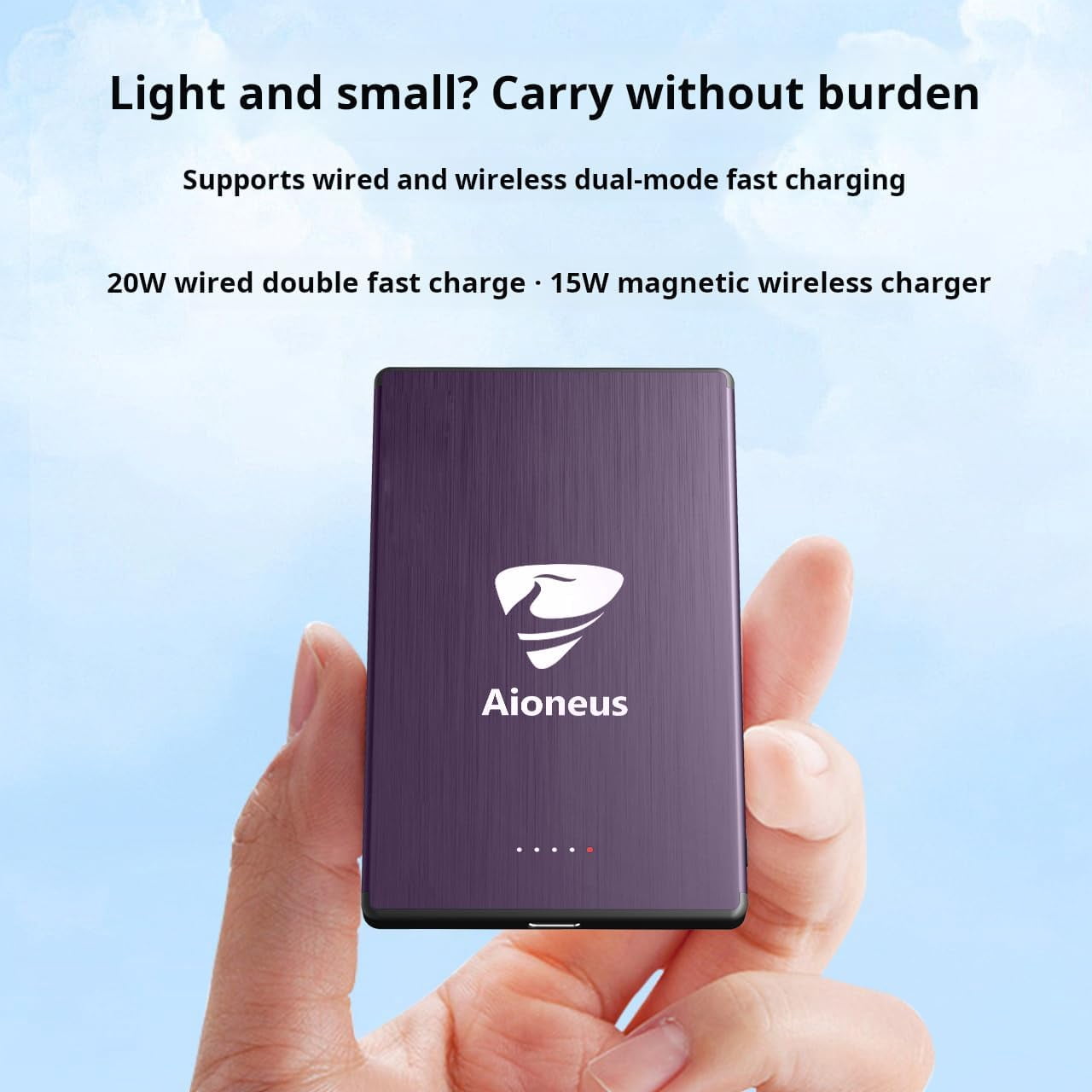 Aioneus Wireless Portable Charger 0.27 inch Ultra-Thin MagSafe Power Bank 5000mAh Magnetic Battery Pack for iPhone, Samsung, Purple