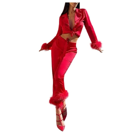 ZSQDM Womens Pajamas Set Women Long Sleeve Camis Tops Long Pants 2 Piece Set Sleepwear Red M