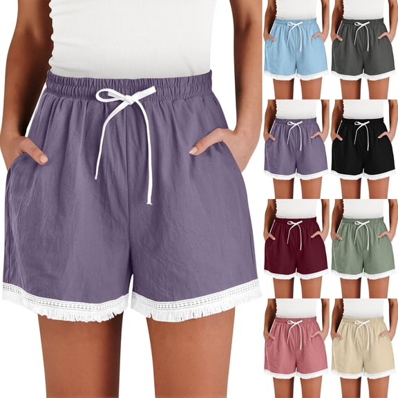Women's Pajama Shorts Cotton Linen Lace Elastic Waist Sleep Shorts Stylish Lounge Shorts Casual Comfy Beach Sweat Shorts with Pockets Wine XL(XL)