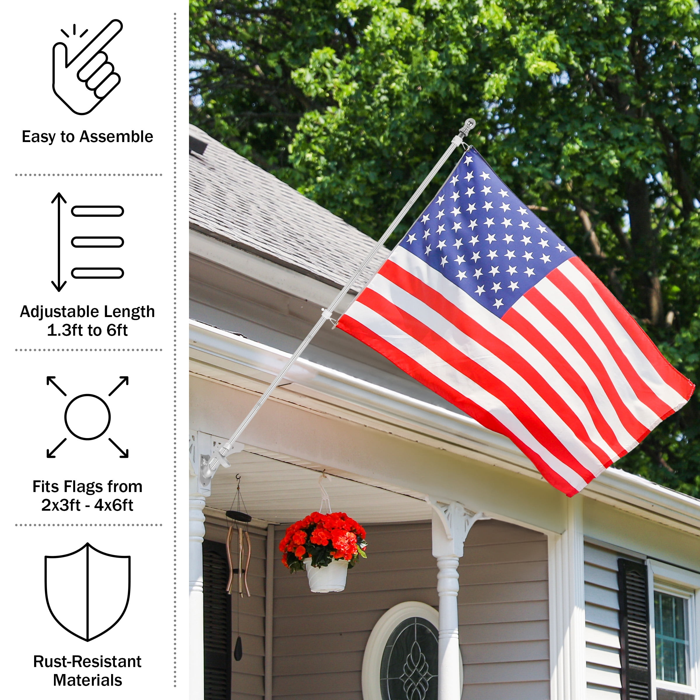 Pure Garden 6ft Stainless-Steel Flag Pole Kit with Rotating Rings, Silver
