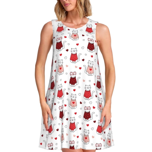 Balery cute cat hearts Vestidos de verano para mujer con estampado: vestido holgado sin mangas, vestido playero informal y cómodo para días calurosos.