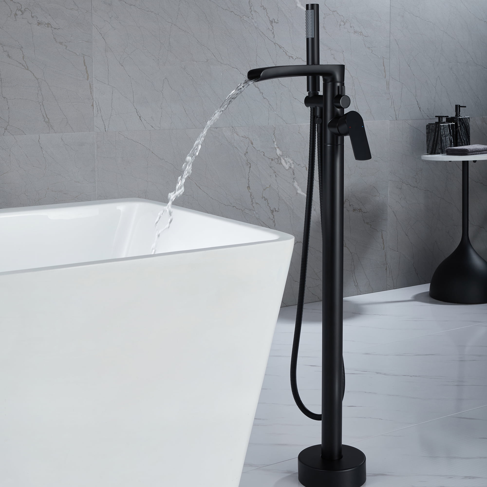 Freestanding Waterfall Bathtub Filler, Floor Mount Clawfoot Tub Faucets with Handheld Shower
