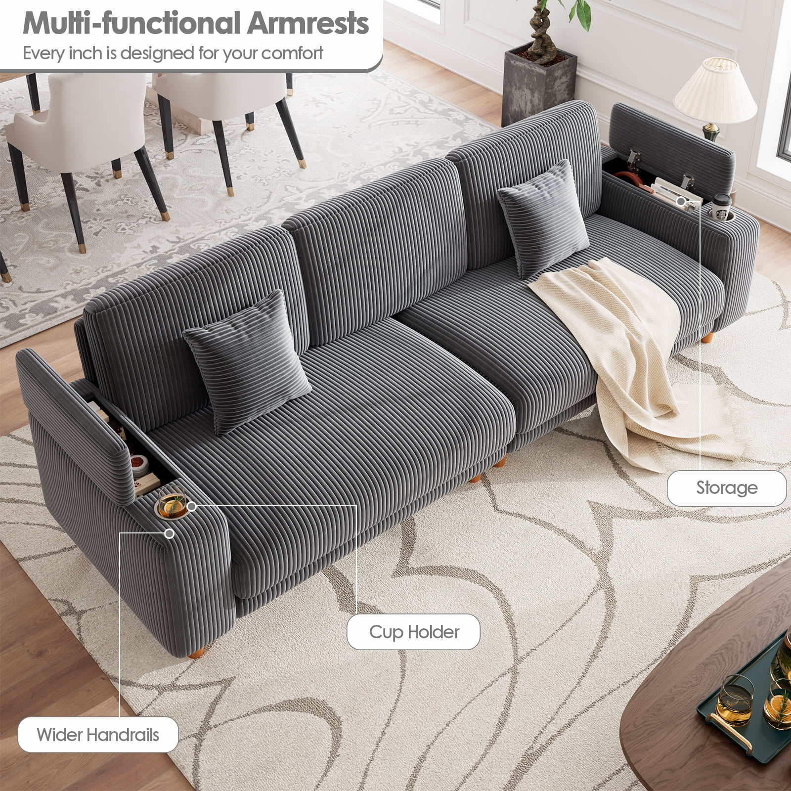 Patbrela 101" Oversized Corduroy Sofa with Storage, 24" Extra Deep Seat Couch, Comfy Upholstered with Cup Holder, 2 Pillows, Gray