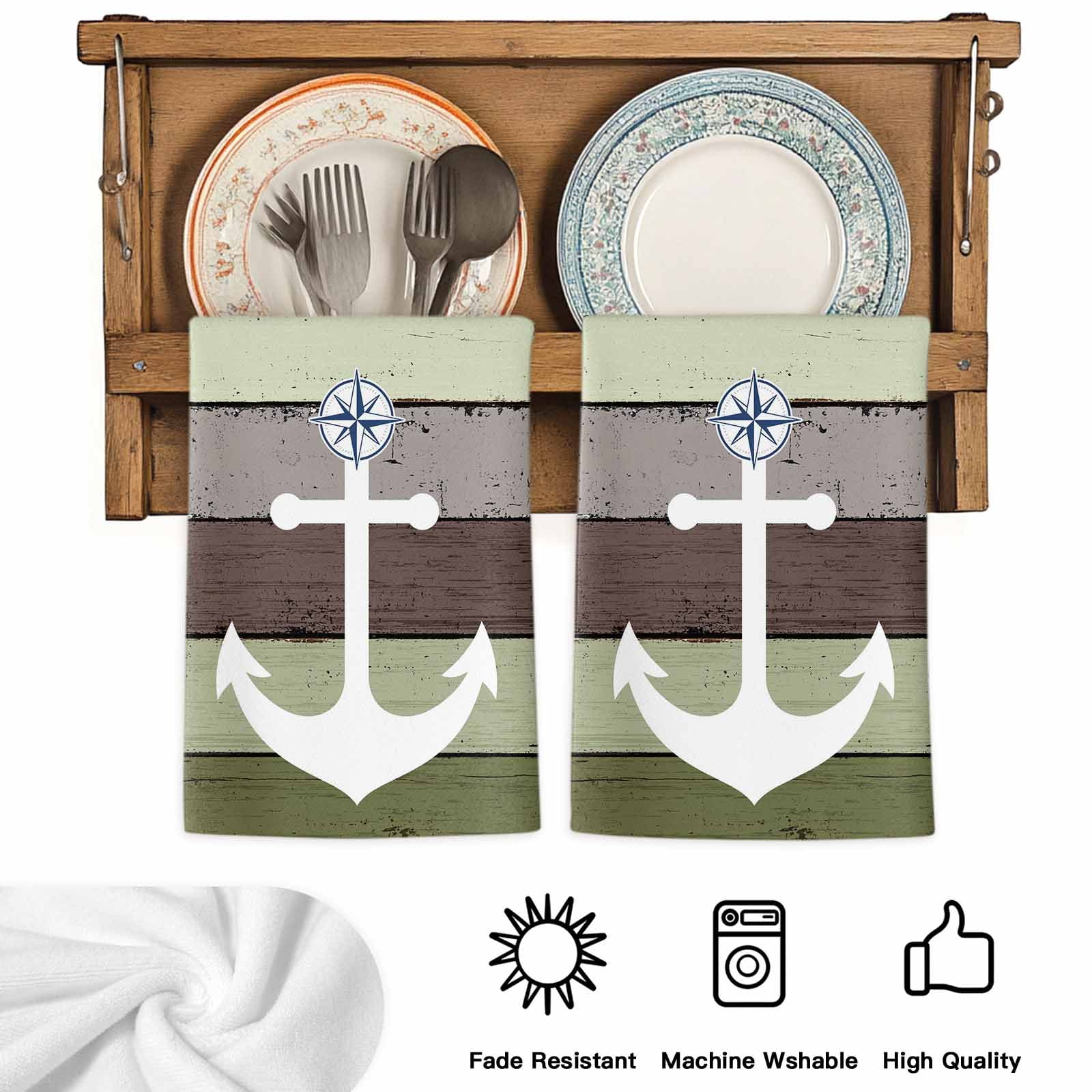 Dish Towels, Nautical Anchor Absorbent Kitchen Towels 2 PCS, Vintage Sage Green Wood Grain Microfiber Hand Towels Dish Cloths Tea Towels for Home&nbsp;Bathroom Cleaning Drying,18X28-Inch,