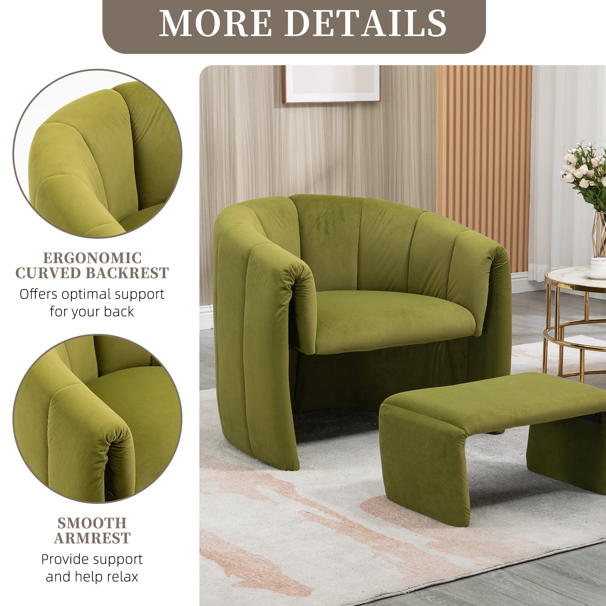 MOONMISS Velvet Upholstered Mid Century Modern Barrel Chair with Ottoman-Olive Green