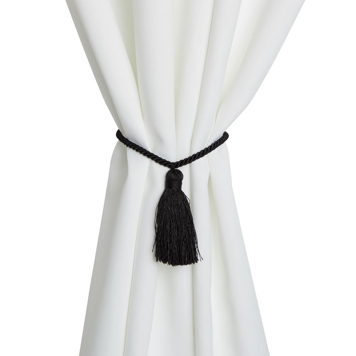 Set of 3 Black Curtains with White Tassels UNIVERSAL SIZE Accessories Decoration Plush Fabric