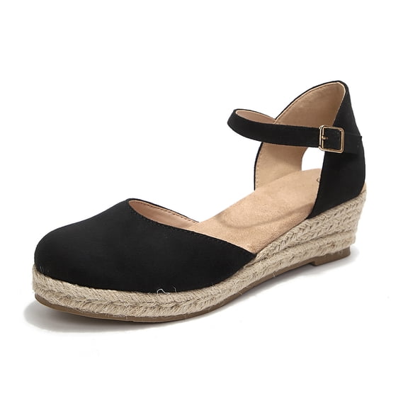 LuckLilac Women's Espadrilles Wedge Sandals Round Closed Toe Ankle Strap Buckle Heels Casual Daily Wear Shoes