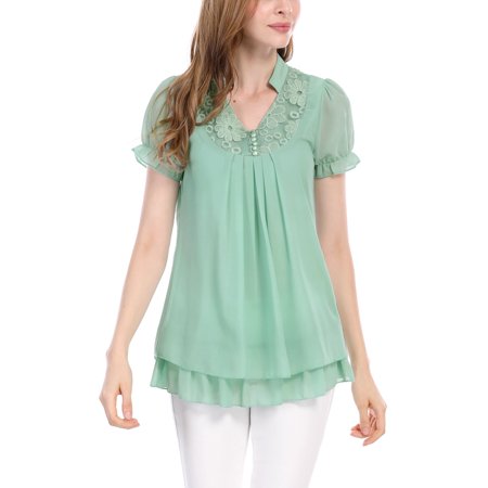 Pleated Flounce - Women Short Sleeves Flounce V Neckline Pleated Tunic Tops