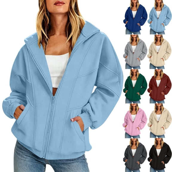 Josdec Women's Full Zip Fleece Thickened Sweatshirts Long Sleeve Stand Collar Lined Oversized Stitch Detail Casual Jacket with Side Pockets S-XXL