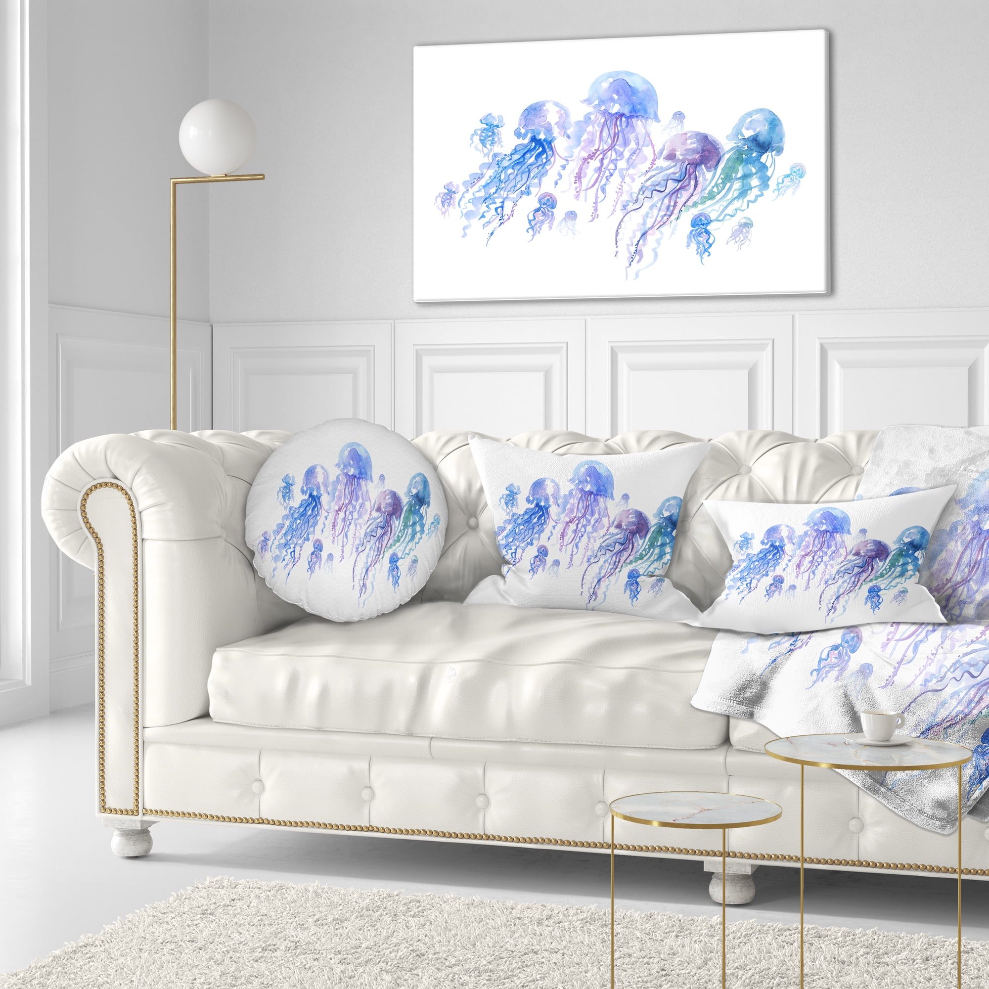 Designart Blue Purple Jellyfish Group - Abstract Throw Pillow - 12x20