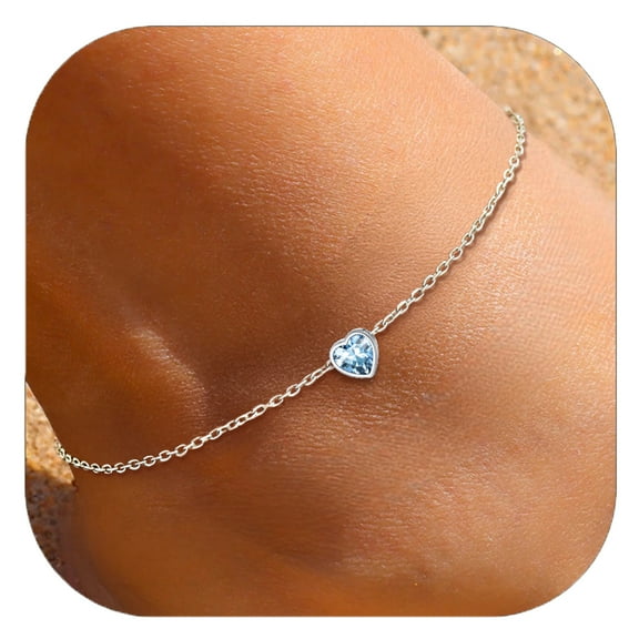 ChicSilver 925 Sterling Silver Ankle Bracelets for Women, Simple Dainty Heart Birthstone Anklets Beach Foot Chain Summer Jewelry Waterproof