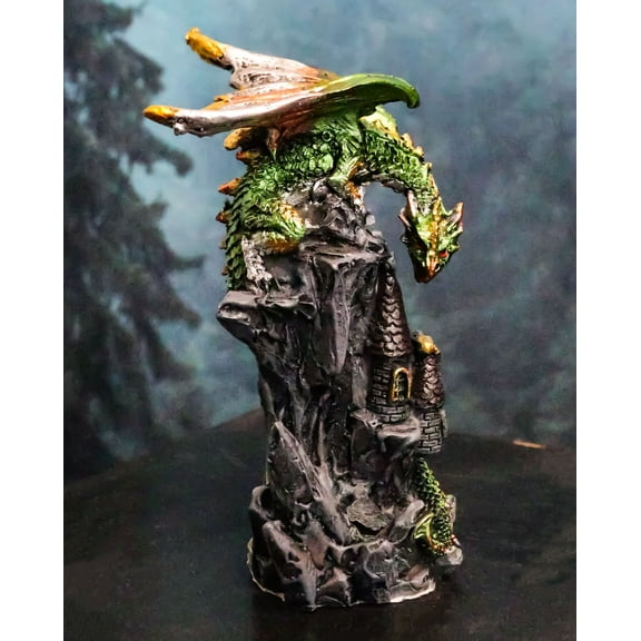 Metallic Golden Green Dragon Guarding Castle Tower On Mountain Cliff Figurine