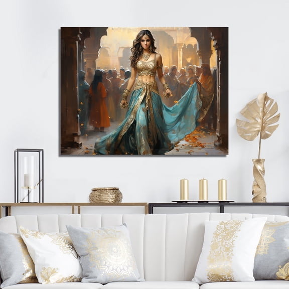 Designart "Belly Dancer in Blue and Gold" Fashion Wall Art - Modern Blue Dance Hallway Wall Art Decor