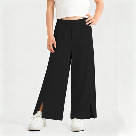 Hurxie Girls Wide Leg Pants Linen Summer Flowy Trousers Teen Loose Casual Tween Beach Pockets Kids Black,12 Years
