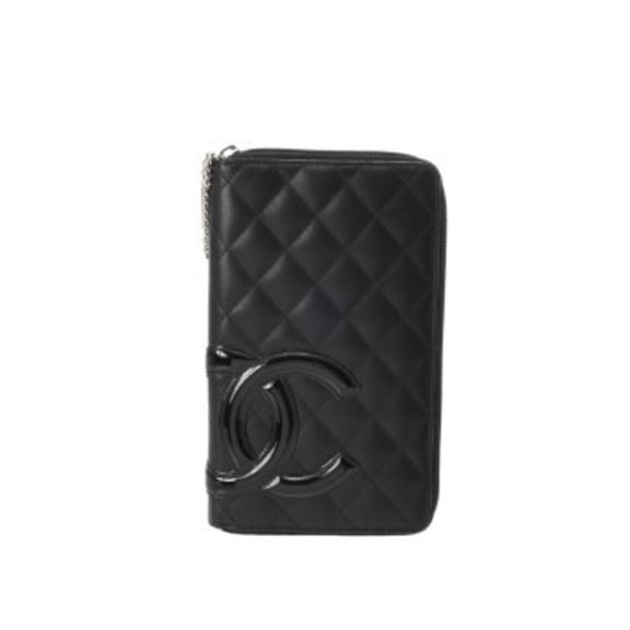 Pre-Owned CHANEL Cambon Line Round Zipper Wallet, Black Enamel, A26710, Women's Leather Long B...
