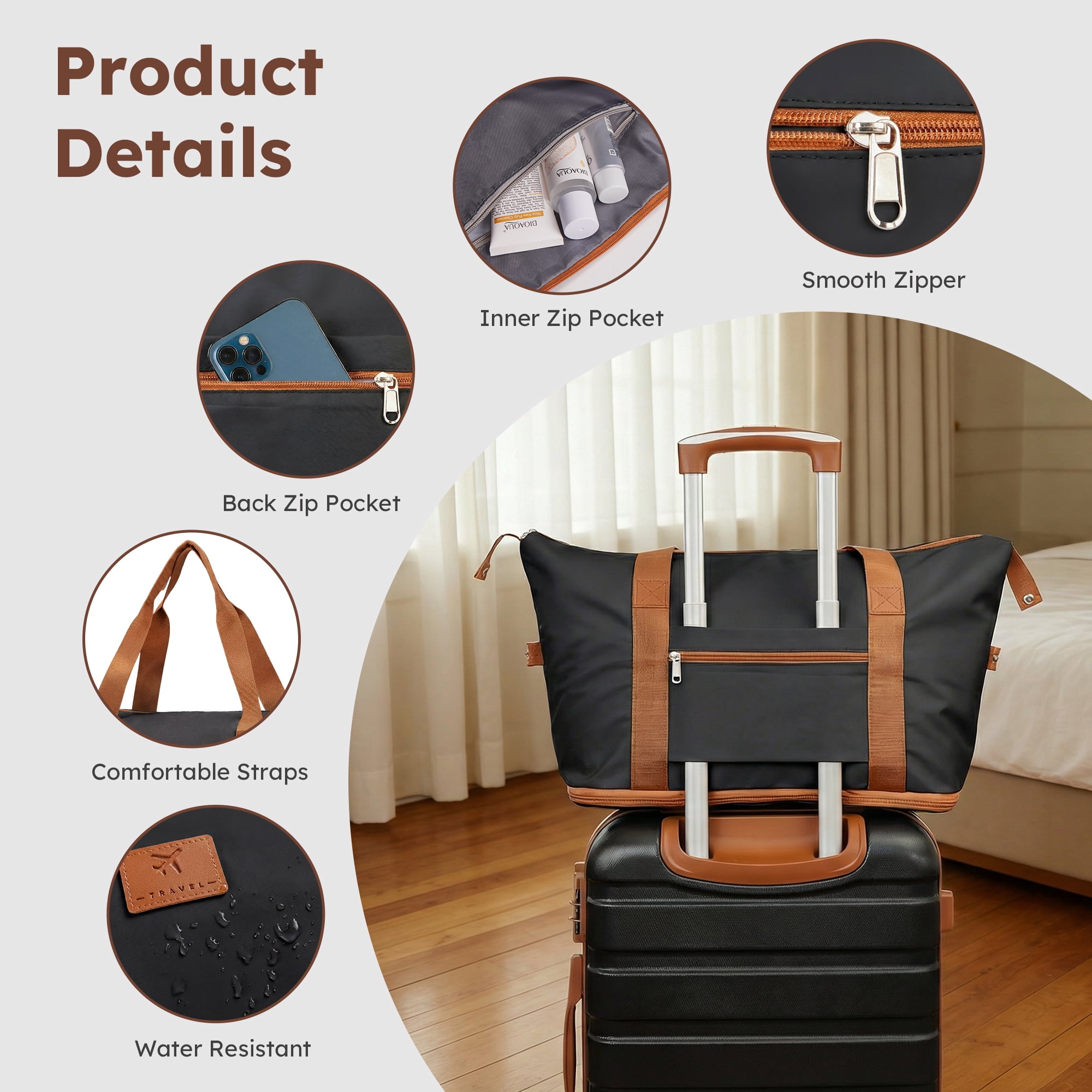 Gowill 3 Piece Luggage Sets,20 inch Hardside Lightweight ABS Carry-On Suitcase With Expandable Duffle Bag (Black Tan)