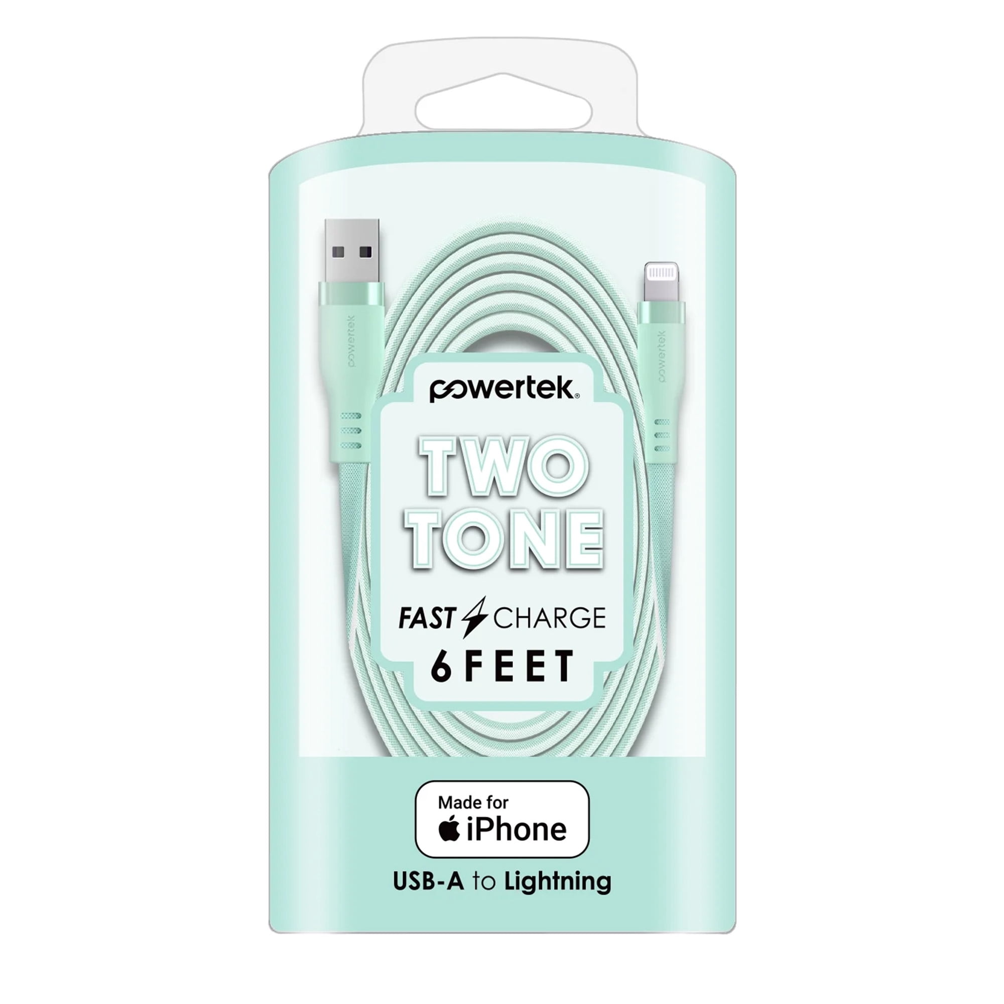 Powertek MFi USB-A to Lightning Two-Tone Pastel Fast Charge Cable, 6 ft, Mint