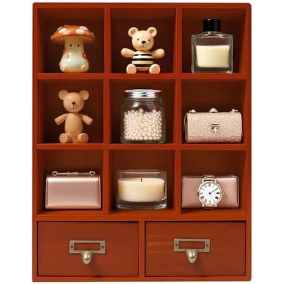 9 Cube Wooden Display Shelf with 2 Drawers, Wall Desktop Storage Shelf with Metal Handle,Vintage Storage  Cube Organizer Shelf for Home Office$$Home Decor, Kitchen, & Other