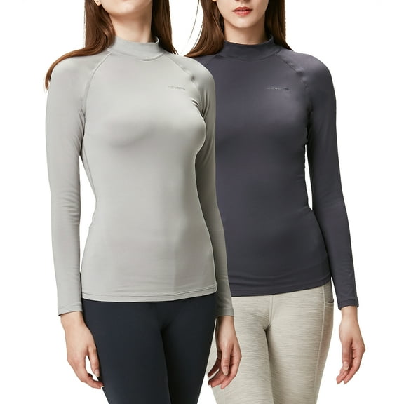 DEVOPS 2 Pack Women's Thermal Turtle Long sleeve shirts compression Base layer top (Large, Charcoal/Light Grey)