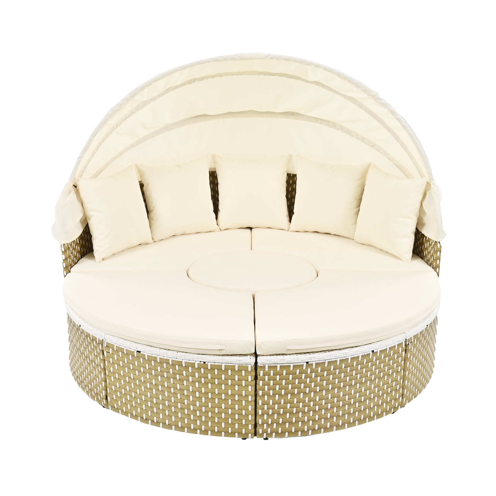MAYEERTY Luxury Outdoor Round Sectional Sofa Set – Rattan Daybed with Retractable Canopy, Adjustable Table & Removable Cushions