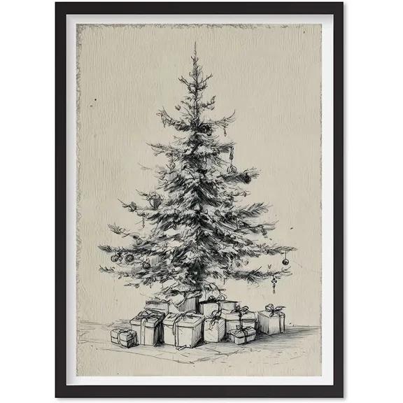 Antique Style Christmas Tree Poster - Vintage Neutral Holiday Print, Timeless, Matte Canvas Stretched, Posters for Room Bedroom Living Room Bathroom Wall Decor, Posters & Art Prints, Gift.