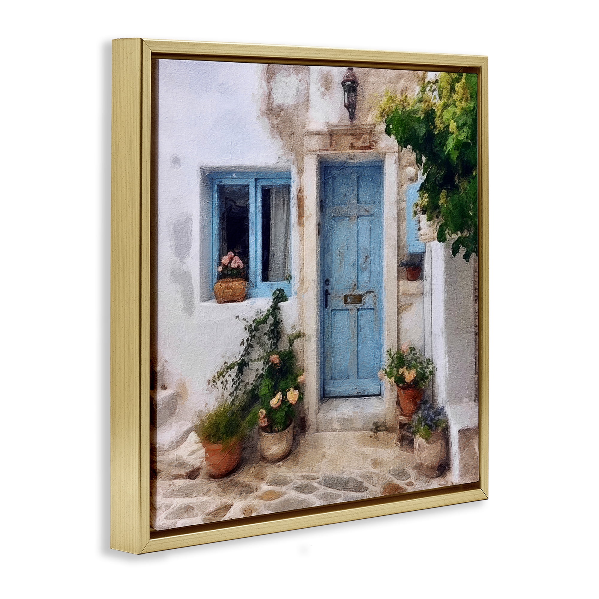 Stupell Industries Greek Door Architecture Town & City Painting Gold Floater Framed Canvas Art Print Wall Art, 25 x 25