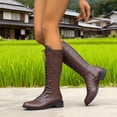 thumbnail image 4 of Women's Front Lace Up Side Zipper Knee High Work Boots, Wide Calf Tall Riding Boots for Street Daily Fall Winter Outdoor Travel Outfits Brown 43, 4 of 9