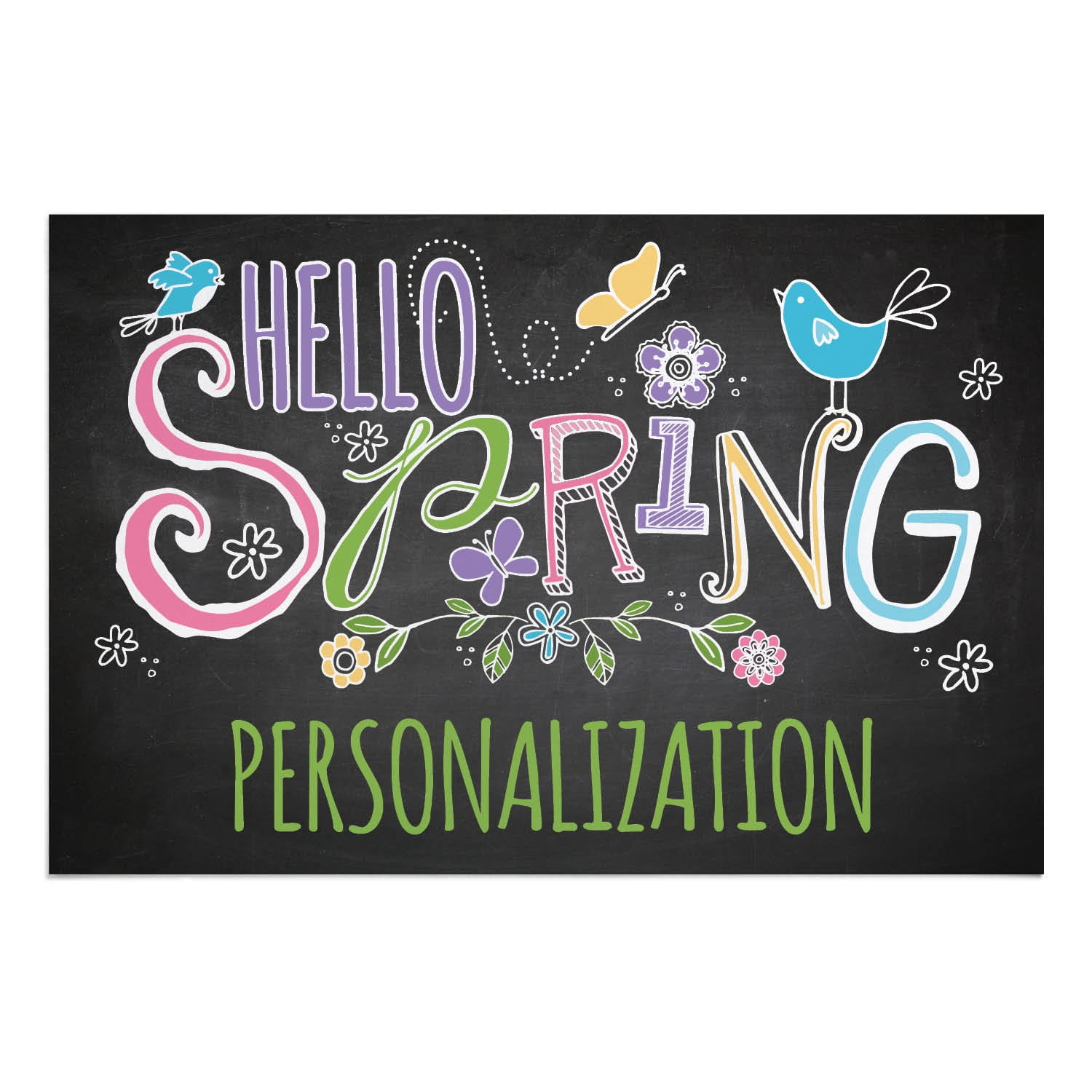 Personalized Planet 27x18 Hello Spring Doormat with Custom Family Name Printed on Black Rectangular 1/4” Thick Non Slip Mat with Bird and Flower Design for Kitchen Hallway Deck or Porch