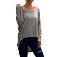 thumbnail image 3 of Women Round Neck Asymmetrical Hem Solid Color Long Sleeve Loose Tee Shirt, 3 of 6